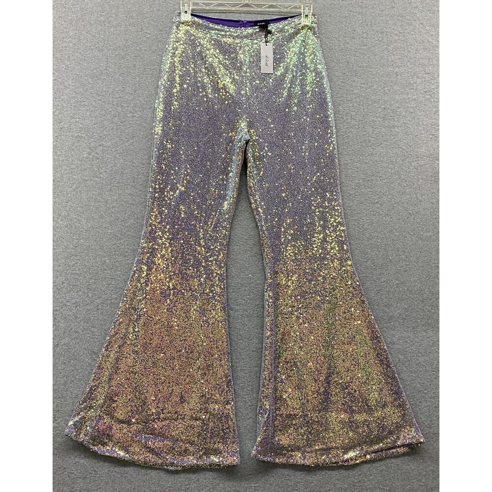 Nasty Gal Iridescent Sequin Flare Pants Womens 8 Silver Disco Festival Bell Btm - Picture 2 of 13